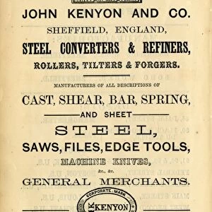 Advertisement for John Kenyon and Co. Steel Converters and Refiners, General Merchants, 1868