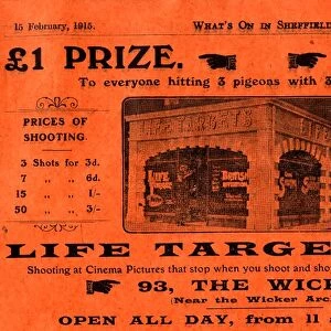 Advertisement: Life Targets, the new sport, No. 93 The Wicker (shooting at cinema pictures that stop when you shoot and show by a point of light where you hit), 1915