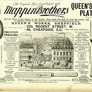 Advertisement for Mappin Brothers, Queens Works, corner of Pond Street / Bakers Hill