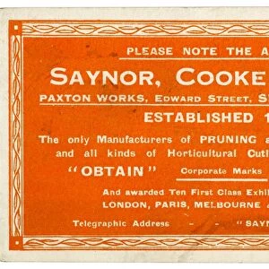 Advertisement for Saynor, Cooke and Ridal, Knife Manufacturers, Paxton Works, Edward Street, Sheffield
