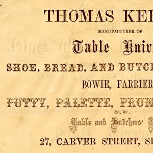 Advertisement for Thomas Keeler manufacturer of Table Knives, etc. 27 Carver Street, 1858