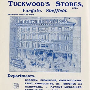 Advertisement for Tuckwoods Stores, groceries, provisions, chocolate and sweets, hardware, etc. Fargate, Sheffield, Yorkshire, 1907