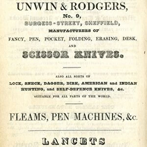 Advertisement for Unwin and Rodgers, Knife Manufacturers, etc. 9 Burgess Street, 1837