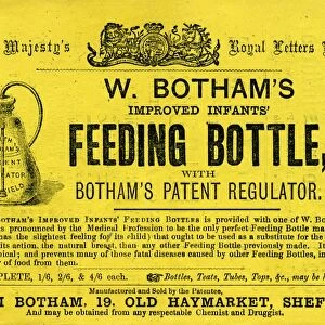 Advertisement for W. Bothams improved infants feeding bottle, 1866