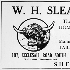 Advertisement for W. H. Sleath, Beef and Pork Butcher, 107 Ecclesall Road South and 125-127 Valley Road, Meersbrook