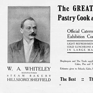 Advertisement for W A Whiteley, Steam Bakery, Hillsborough. Caterer to the Yorkshire and North Midlands Model Cottage Exhibition in relation to High Wincobank, 1907