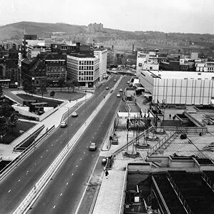 Arundel Gate looking towards Castle Square showing (right) the Top Rank Suite and (centre left) junction with Norfolk Street, Sheffield, 1969