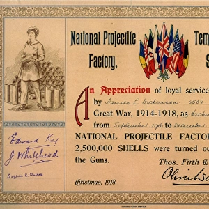 Certificate of Appreciation (Sep 1916 to Dec 1918), National Projectile Factory, Templeborough