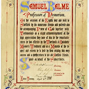 Certificate presented to Samuel Balme, Professor of Mesmerism, 1899