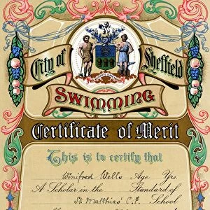 City of Sheffield Swimming Certificate awarded to Winifred Wells of St Matthias School, 1911