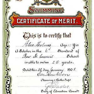 City of Sheffield swimming certificate of merit - this is to certify that Alice Holmes, aged 13 years, a scholar in the 6th standard of Bow Street Council School is able to swim 25 yards, 1908