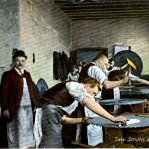 Edge Tool Manufacture, Sawsmiths at work, Setting Circular Saws, Sheffield, c. 1900