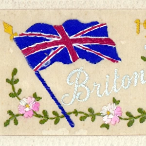 with embroidered illustration depicting Union Jack flag, flowers and the dates 1914-15, with the caption Britons all