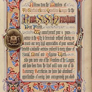 Illuminated address from the members of the Sheffield Social Questions League to the Rev. Samuel Shipley Henshaw (page 1), 1899