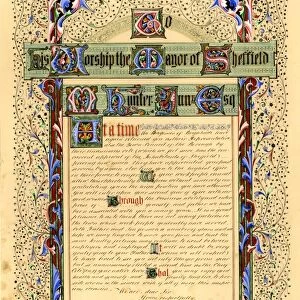 Illuminated address to Michael Hunter, Mayor of Sheffield on his being elected mayor for the second time from the employees of Talbot Works [M. Hunter and Son, Cutlery Manufacturers, Talbot Works, Savile Street, Sheffield], 1855