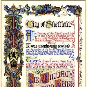 Part of the illuminated address from the Sheffield Corporation recording appreciation for Sir William Edward Harts services to Local Government and the city of Sheffield a 1931