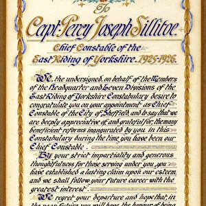 Illuminated letter to Captain Percy Joseph Sillitoe (Chief Constable of the East Riding of Yorkshire) congratulating him on his appointment as Chief Constable of City of Sheffield, 1926