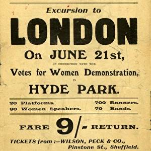 National Womens Social and Political Union - Suffrage Sunday excursion to London. Tickets from Wilson, Peck and Co. Pinstone Street, Sheffield, c. 1913