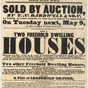 Poster Bill announcing the sale by auction of dwelling houses in Westfield Terrace, Sheffield, Yorkshire, 1837