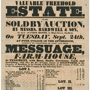 Sale poster for the farm and land of Ellis Crapper, of Holdworth, Bradfield, 1839