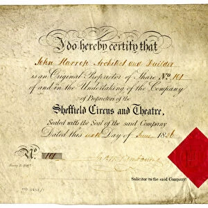 Share certificate of John Harrop, architect and builder, in the Sheffield Circus and Theatre Company, 1836