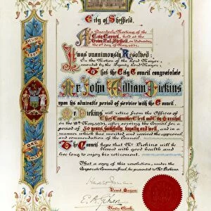 Sheffield City Council Illuminated Certificate of Long Service, presented to John William Dickins on his retirement, 1931