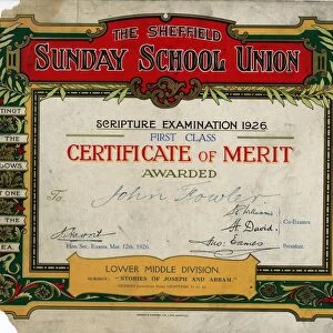Sheffield Sunday School Union certificate of merit, 1926