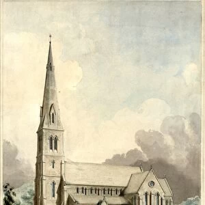 South view of a church with spire, aisles and transept (Design no 1), 1848