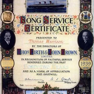 Thomas Firth and John Brown 42 years Long Service Certificate presented to Thomas Harrison, 1939
