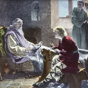 A Hand Coloured Magic Lantern Slide Circa 1900. Venerable Bede Translating The Last Chapter Of The Bible St John. Image Of Bede Only Hours Before He Died. In Attendance Are Two Of His Fellow Monks Looking Somewhat Distressed, While Bede Himself However, Carries On Working. A Young Scribe Is By His Side And He Is Determined To Finish His Present Task Before He Goes To Meet His Maker