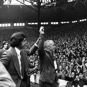 Gordan Banks is led round in front of the Kop by Bill Shankly before the game between