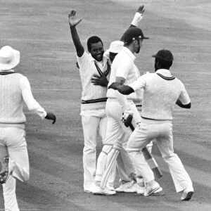Malcolm Marshall West Indies cricketer celebrates taking the wicket of England