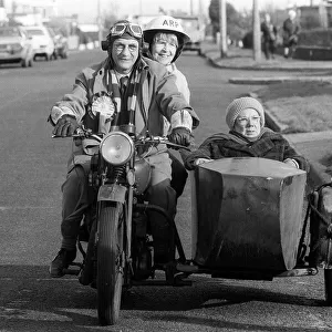 Warren Mitchell ( Alf Garnett) Dandy Nicholls and Patricia Hayes riding a Motorcycle