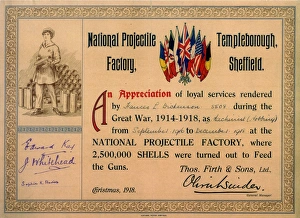 Certificate of Appreciation (Sep 1916 to Dec 1918), National Projectile Factory, Templeborough Certificate of Appreciation (Sep 1916 to Dec 1918), National Projectile Factory, Templeborough