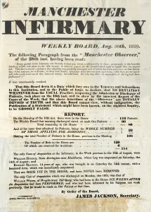 Poster from Manchester Infirmary refuting allegations that the hospital was cleared prior to the Peterloo Massacre Poster from Manchester Infirmary refuting allegations that the hospital was cleared prior to the Peterloo Massacre